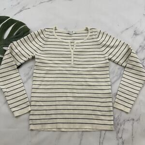 Molly Bracken Womens Ribbed Knit Sweater Top Size XL Cream Blue Striped Henley
